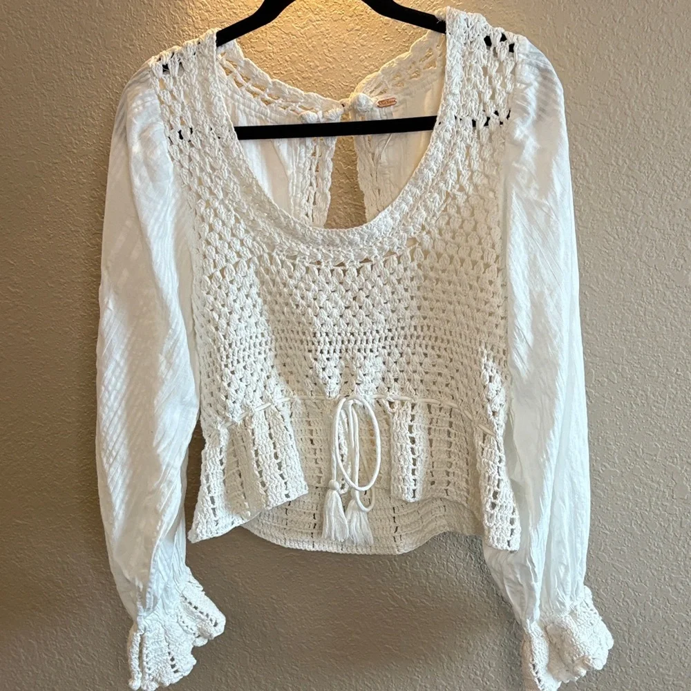 Free People White Crochet Peasant Blouse